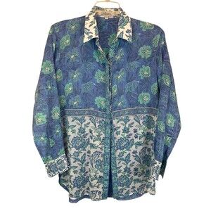 Bella Tu LS Button Front Shirt  Women's Size XS  Blue Floral Top Coastal Resort